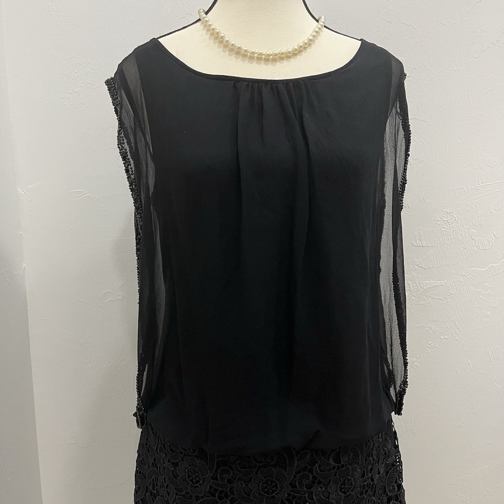 Aidan Mattox Cocktail Dress Women 6 Black Good Silk Lace Beaded Sheer Overlay - Picture 6 of 14